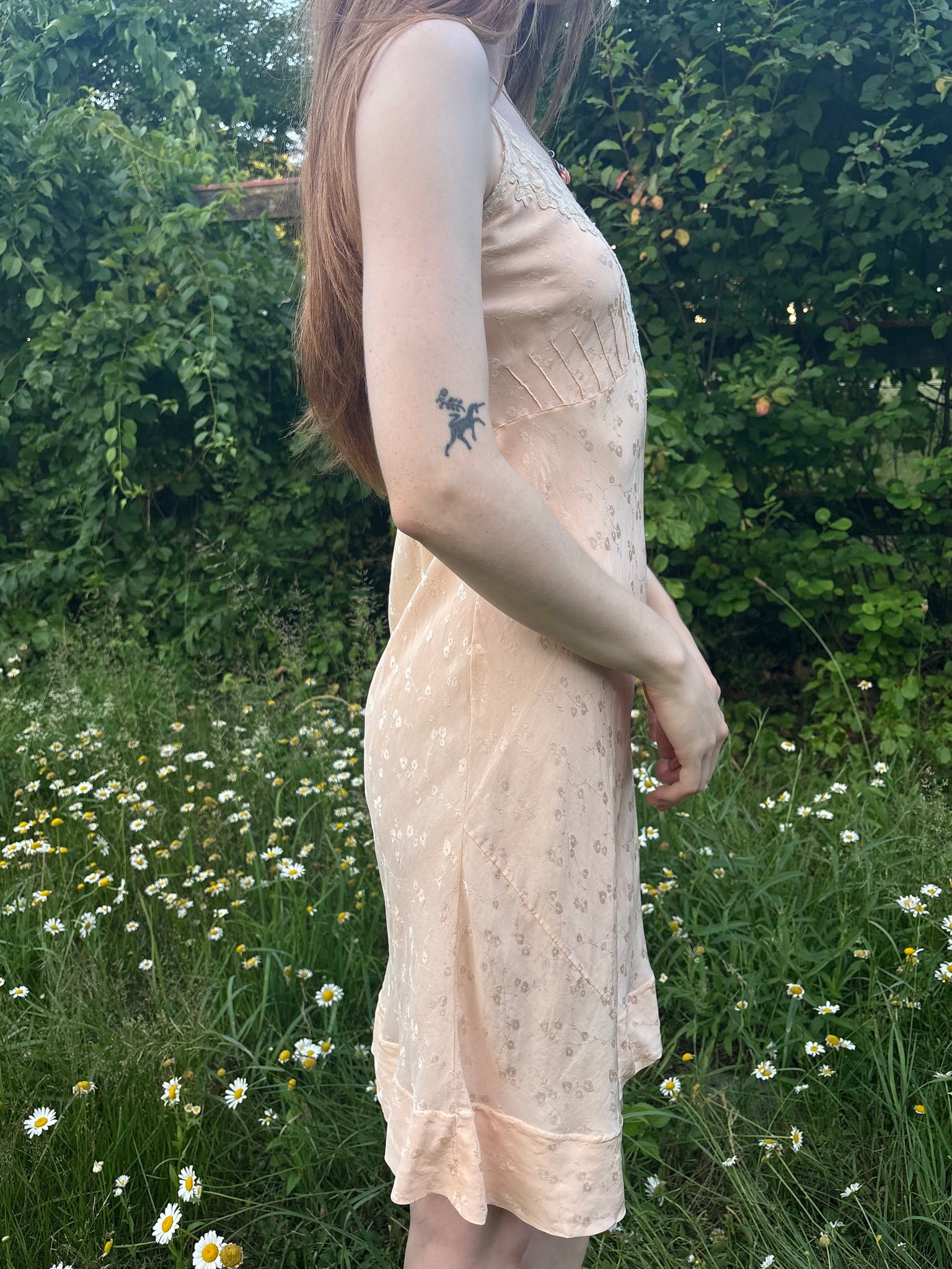 1940s Peach Brocade Silk Cream Net Floral Appliqué Bias Cut Slip Midi Dress