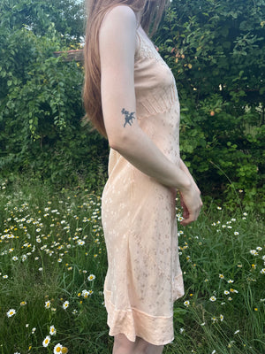1940s Peach Brocade Silk Cream Net Floral Appliqué Bias Cut Slip Midi Dress