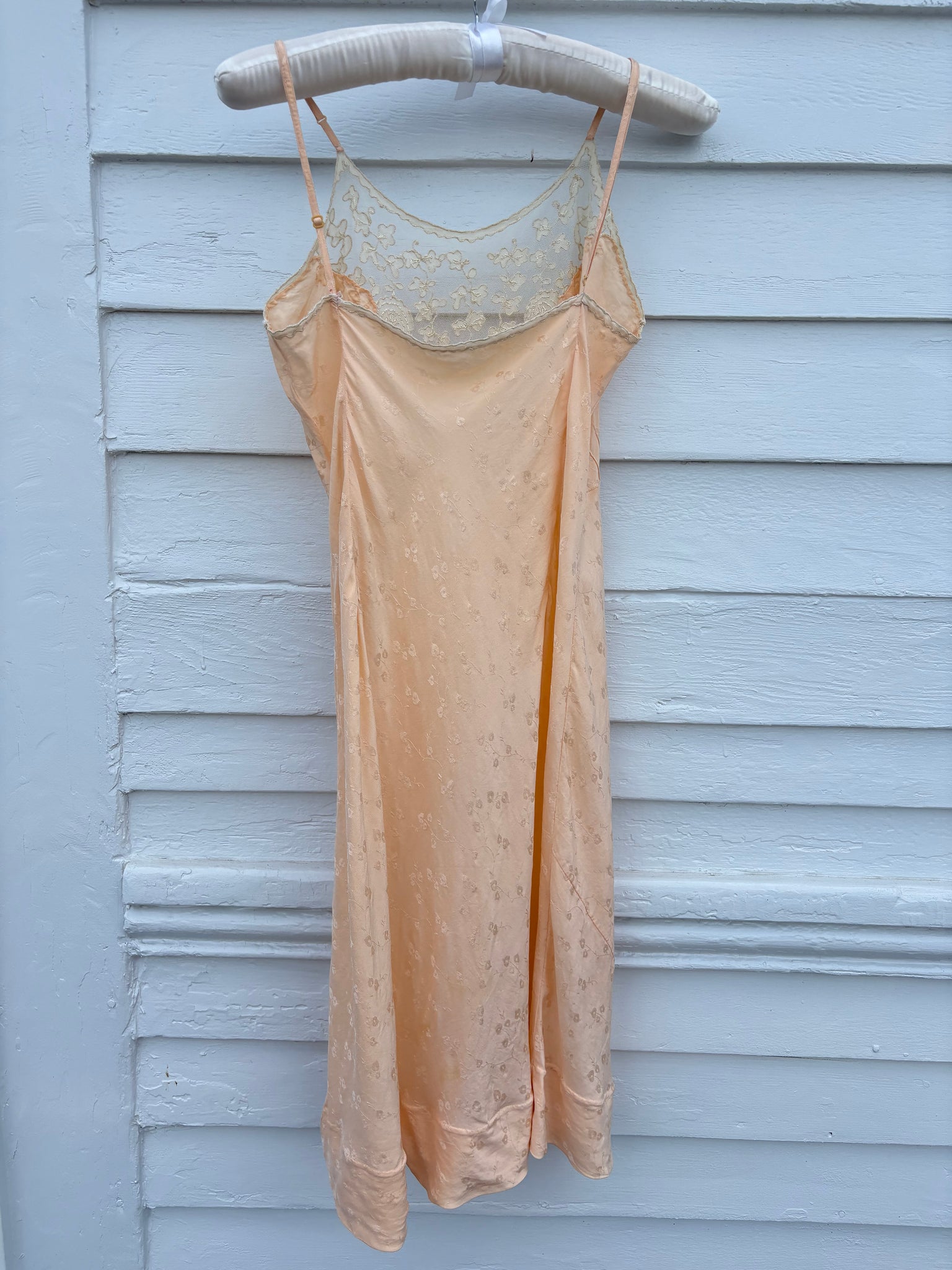 1940s Peach Brocade Silk Cream Net Floral Appliqué Bias Cut Slip Midi Dress