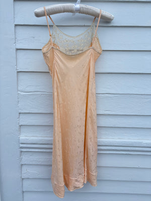 1940s Peach Brocade Silk Cream Net Floral Appliqué Bias Cut Slip Midi Dress