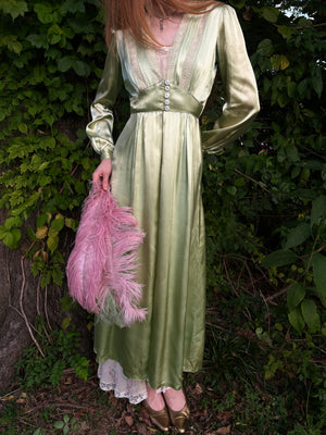 1940s Green Rayon Satin Lace Robe Peignoir