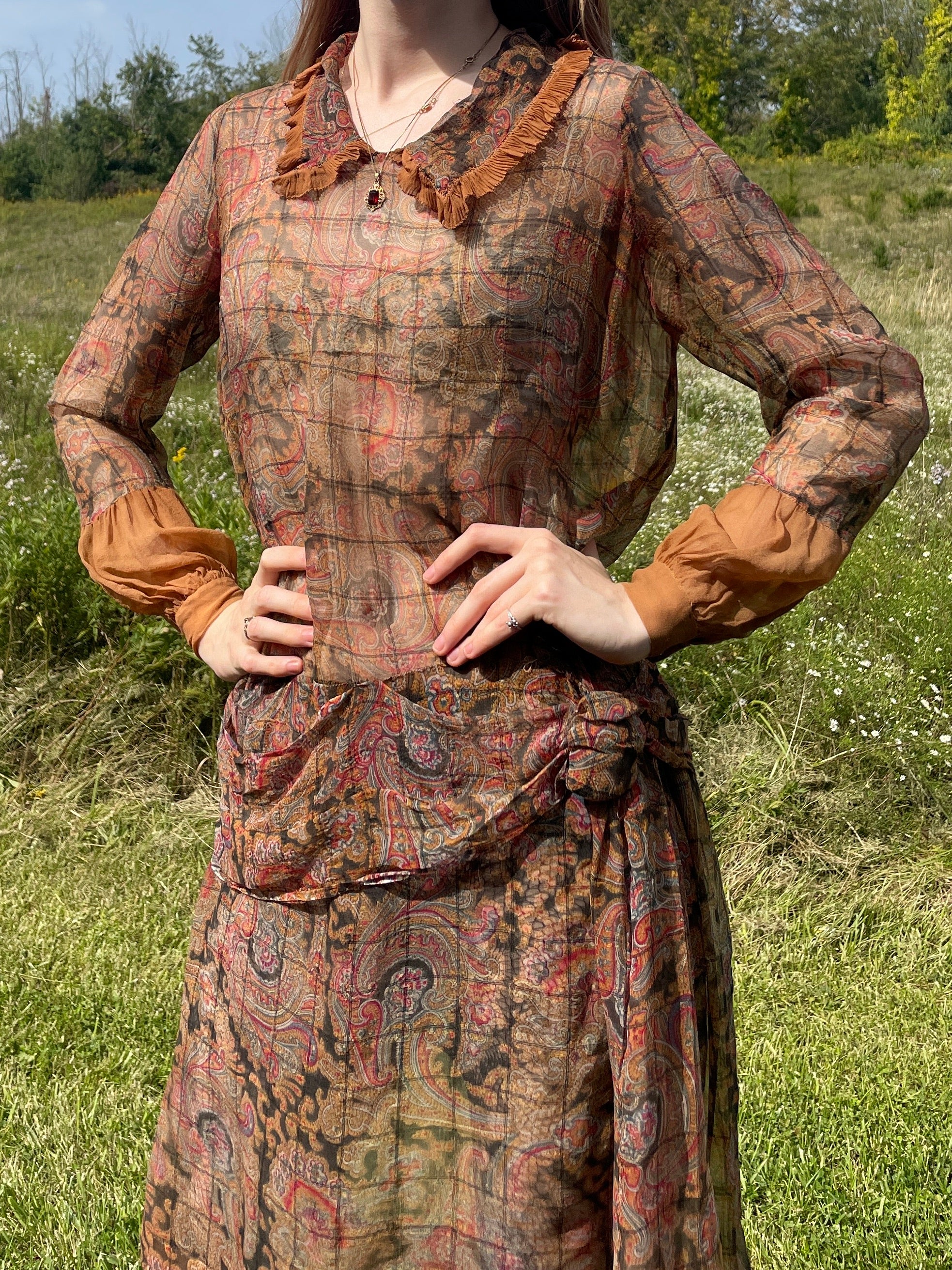 1920s Paisley Silk Chiffon Sheer Dress Orange Red Black Grid – Breath Of  the Earth