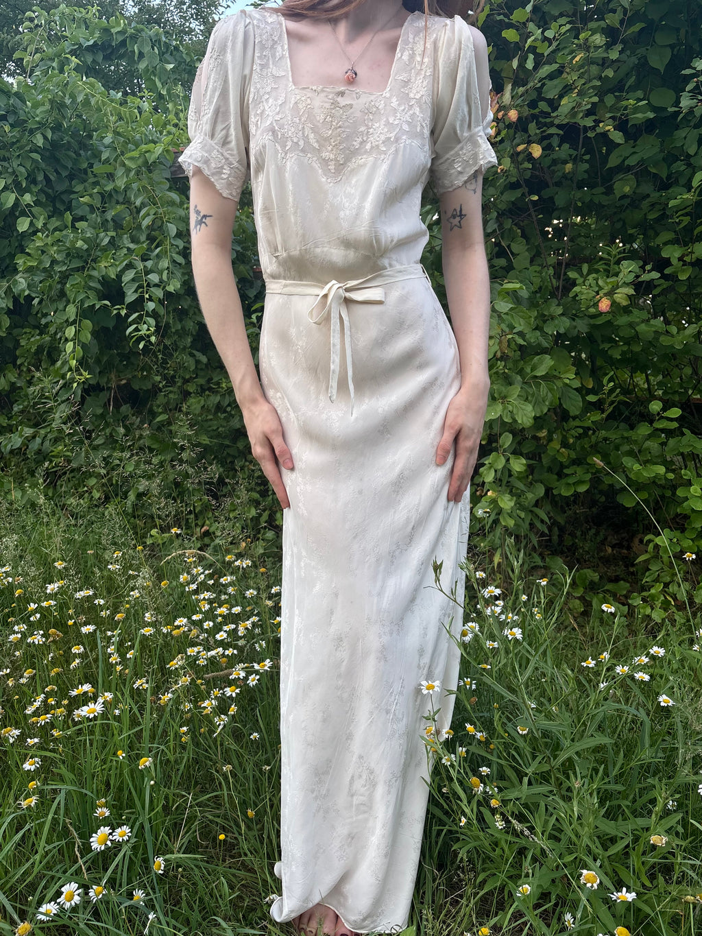 1940s Silk Brocade White Bias Cut Slip Dress Net Mesh Appliqué Lace Wedding Gown Open Sleeves