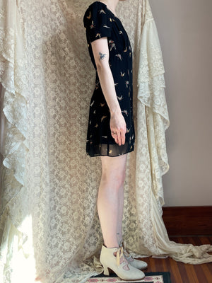 betsey johnson black butterfly dress Vintage Betsey Johnson New York Y2K 90s Black Silk Butterfly Midi Dress Size 6