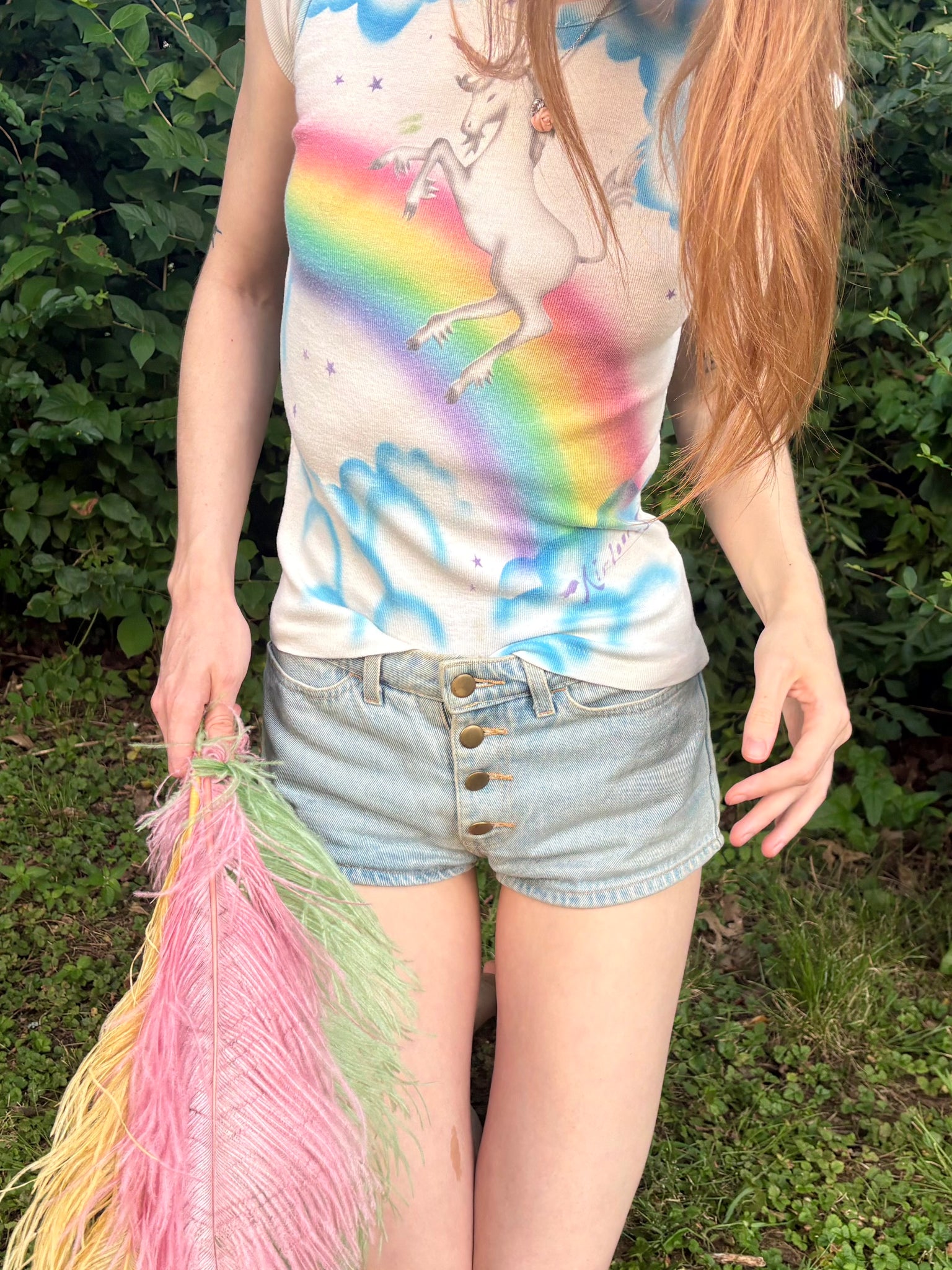 1980s Unicorn Pink Tee T Shirt Short Sleeve French Cut Airbrush