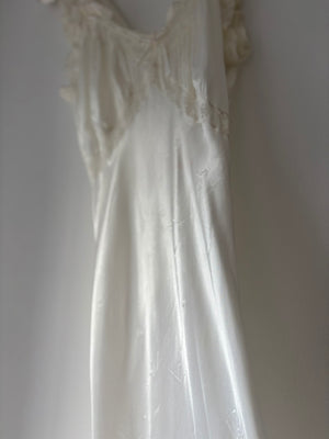 1940s Rayon Satin White Bias Cut Slip Dress Lace Wedding Gown