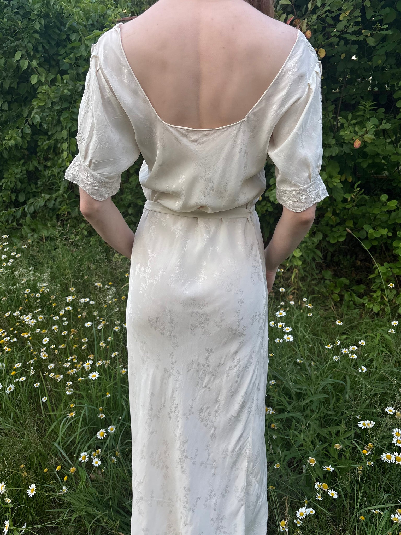 1940s Silk Brocade White Bias Cut Slip Dress Net Mesh Appliqué Lace Wedding Gown Open Sleeves