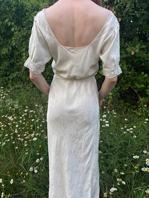 1940s Silk Brocade White Bias Cut Slip Dress Net Mesh Appliqué Lace Wedding Gown Open Sleeves