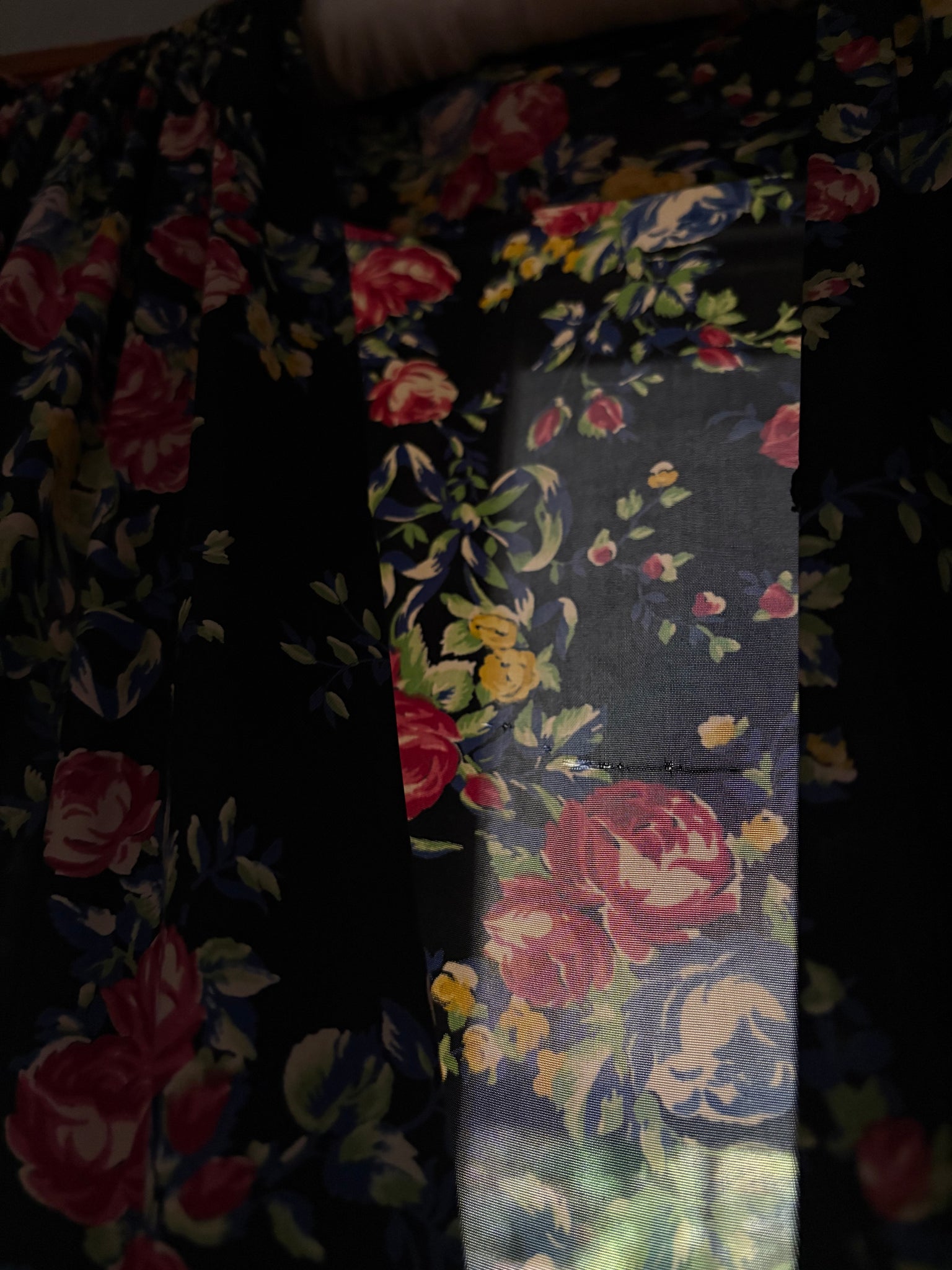 1940s Black Rose Floral Wrap Dress Printed Rayon Puff Sleeve