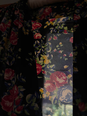 1940s Black Rose Floral Wrap Dress Printed Rayon Puff Sleeve