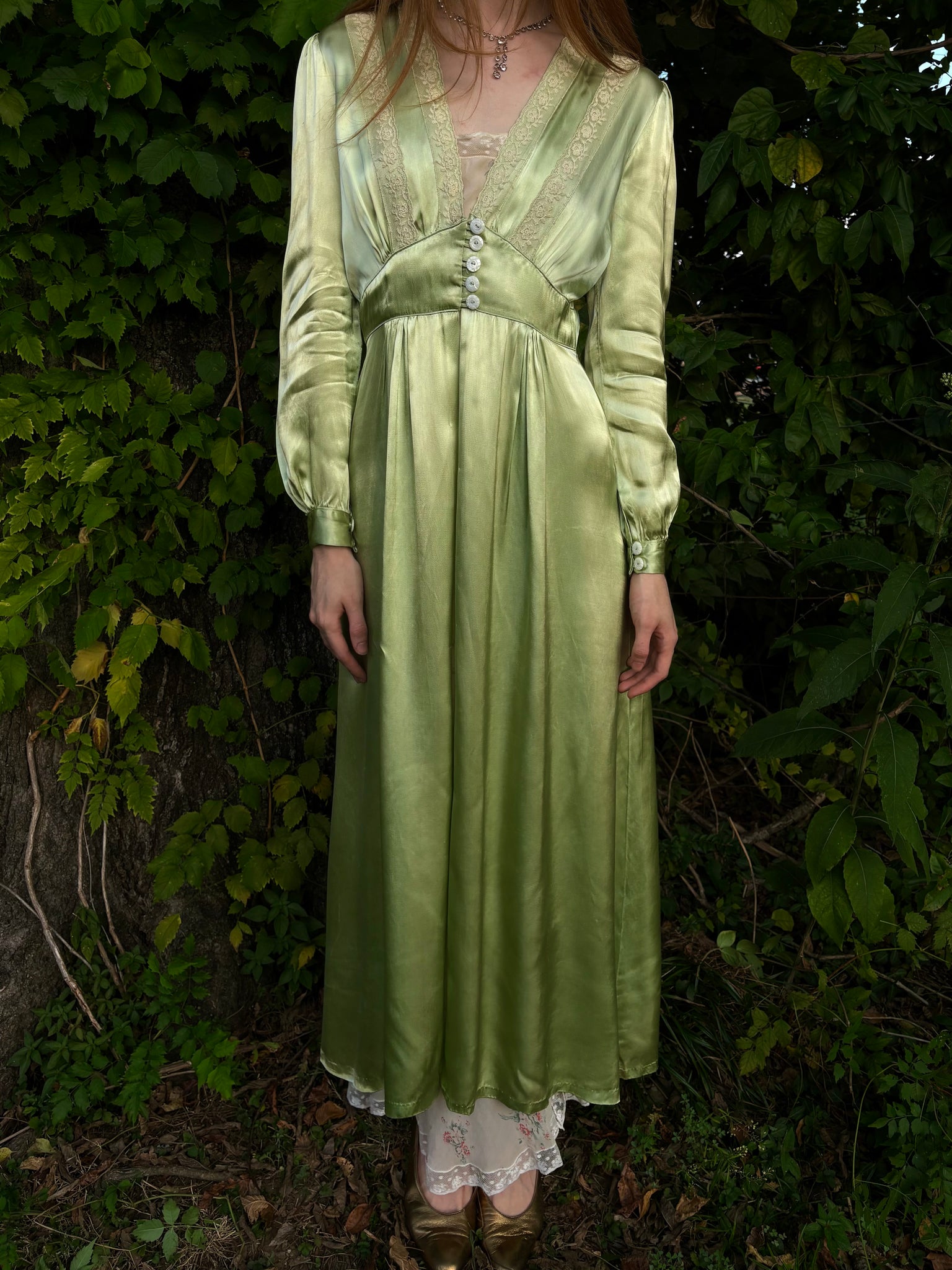 1940s Green Rayon Satin Lace Robe Peignoir
