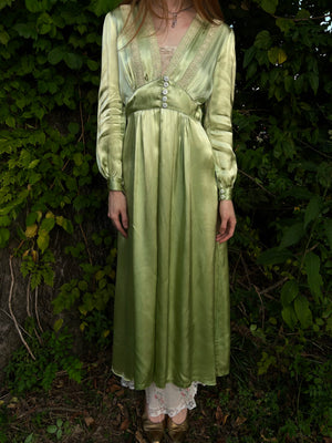 1940s Green Rayon Satin Lace Robe Peignoir