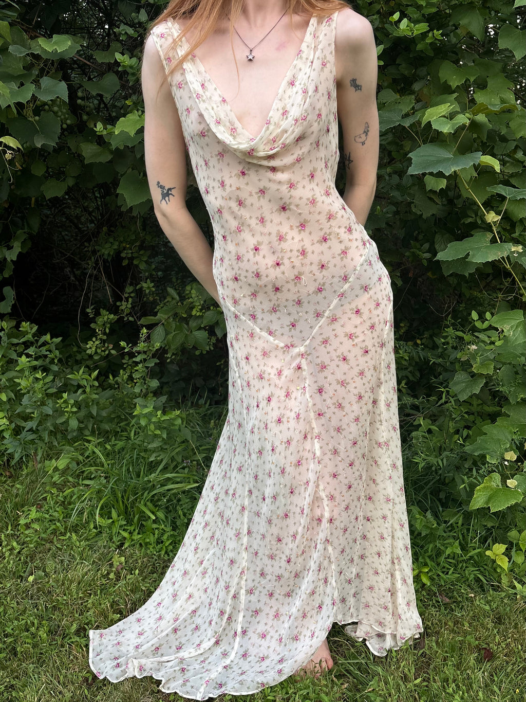 1990s Silk Chiffon Floral Cream Cowl Neck Bias Cut Slip Dress