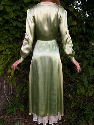 1940s Green Rayon Satin Lace Robe Peignoir