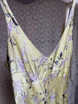 1990s Betsey Johnson Floral Print Bias Cut Dress Gown Light Green Lilac Purple Satin