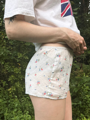1940s Cotton Floral Print White Blue Tap Shorts Lace