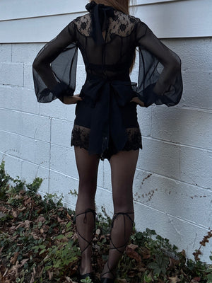 1970s Victorian Style Black Floral Mesh Sheer Lace Long Balloon Sleeve Blouse