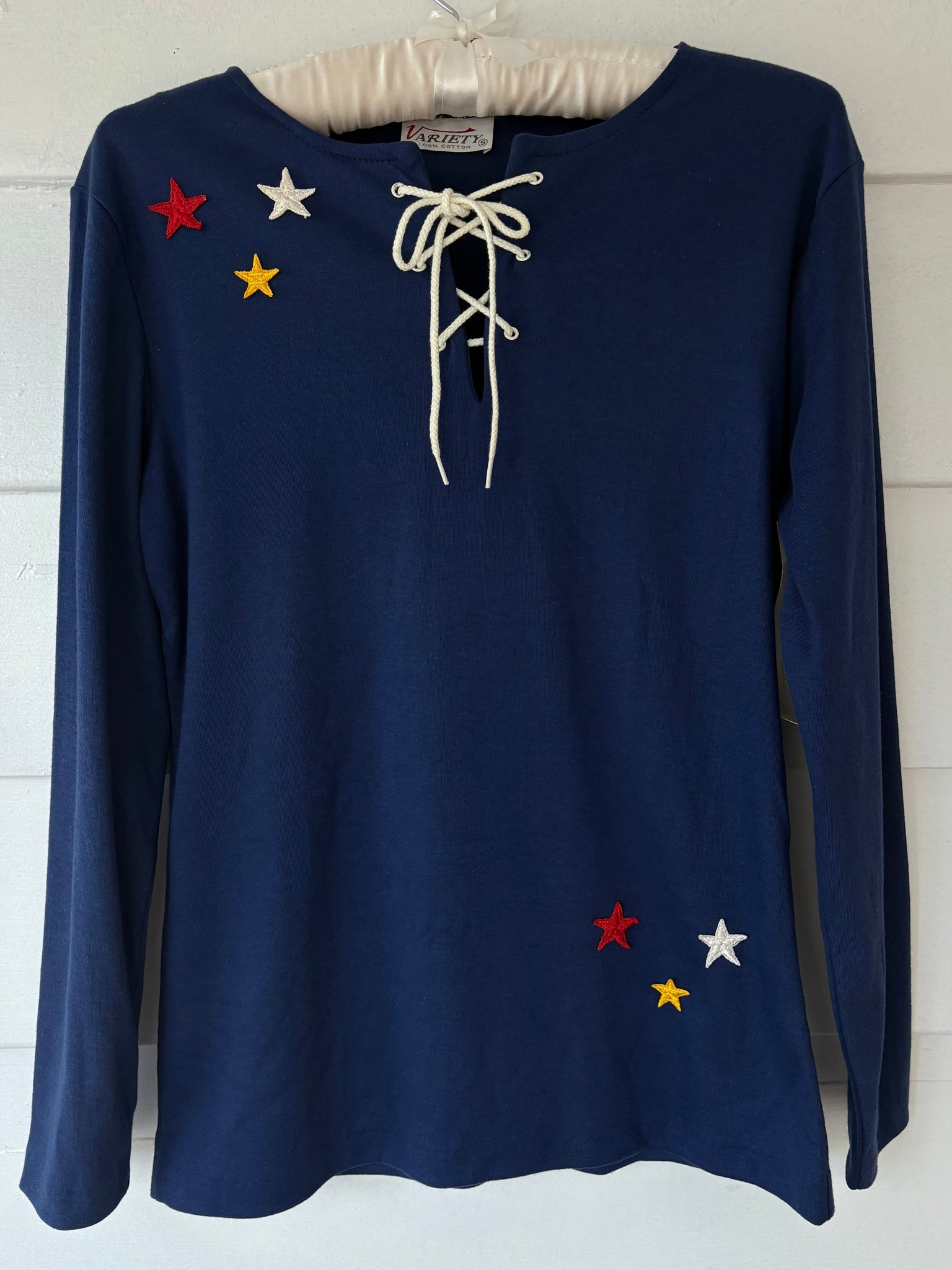 1970s Star Appliqué Navy Blue Lace Up Tee T Shirt Long Sleeve Deadstock