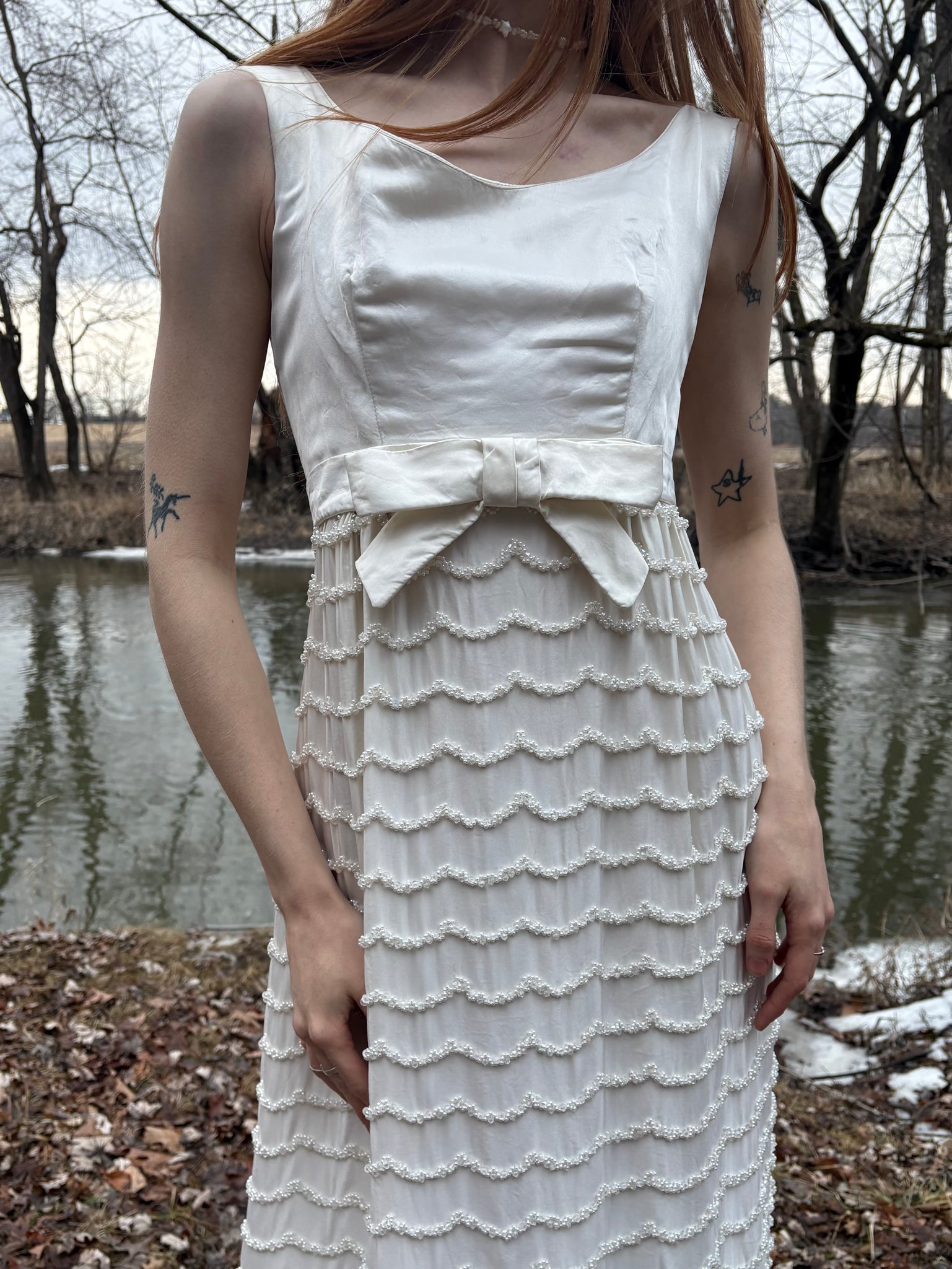 1960s empire waist dress 1960s White Satin Beaded Empire Waist Dress Wedding Gown Breath Of the Earth