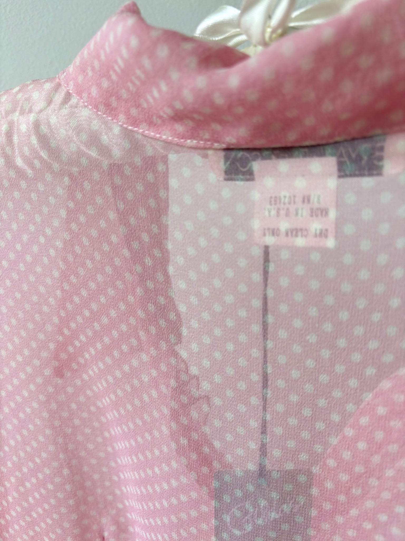 1990s Silk Chiffon Dot Print Button Up Blouse Pink White