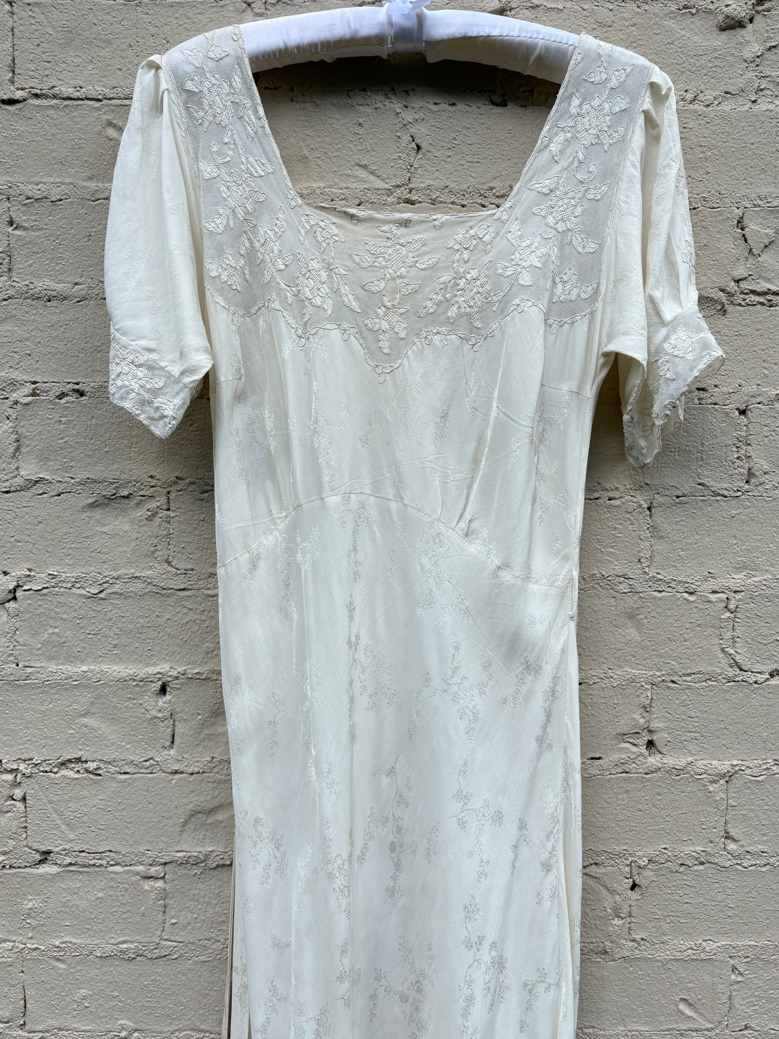 1940s Silk Brocade White Bias Cut Slip Dress Net Mesh Appliqué Lace Wedding Gown Open Sleeves