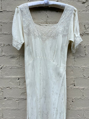 1940s Silk Brocade White Bias Cut Slip Dress Net Mesh Appliqué Lace Wedding Gown Open Sleeves