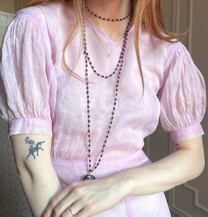 1930s Lilac Purple Dress Set Cotton Puff Sleeves Printed Bolero Organza