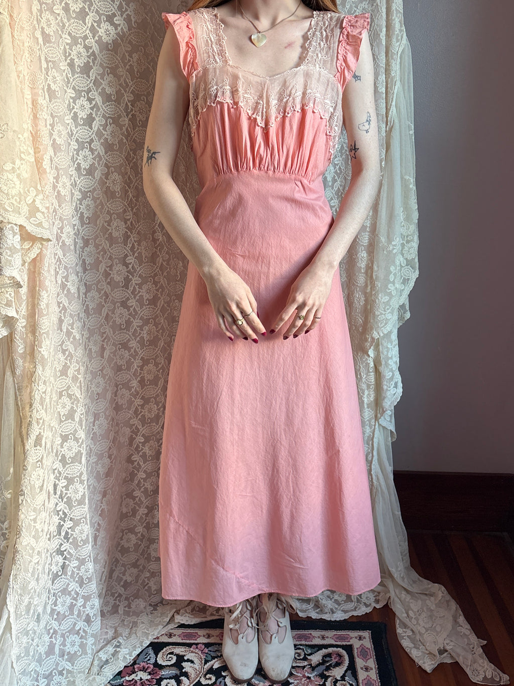 1930s Ballerina Embroidered Dancers Pink Cotton Bias Cut Slip Dress