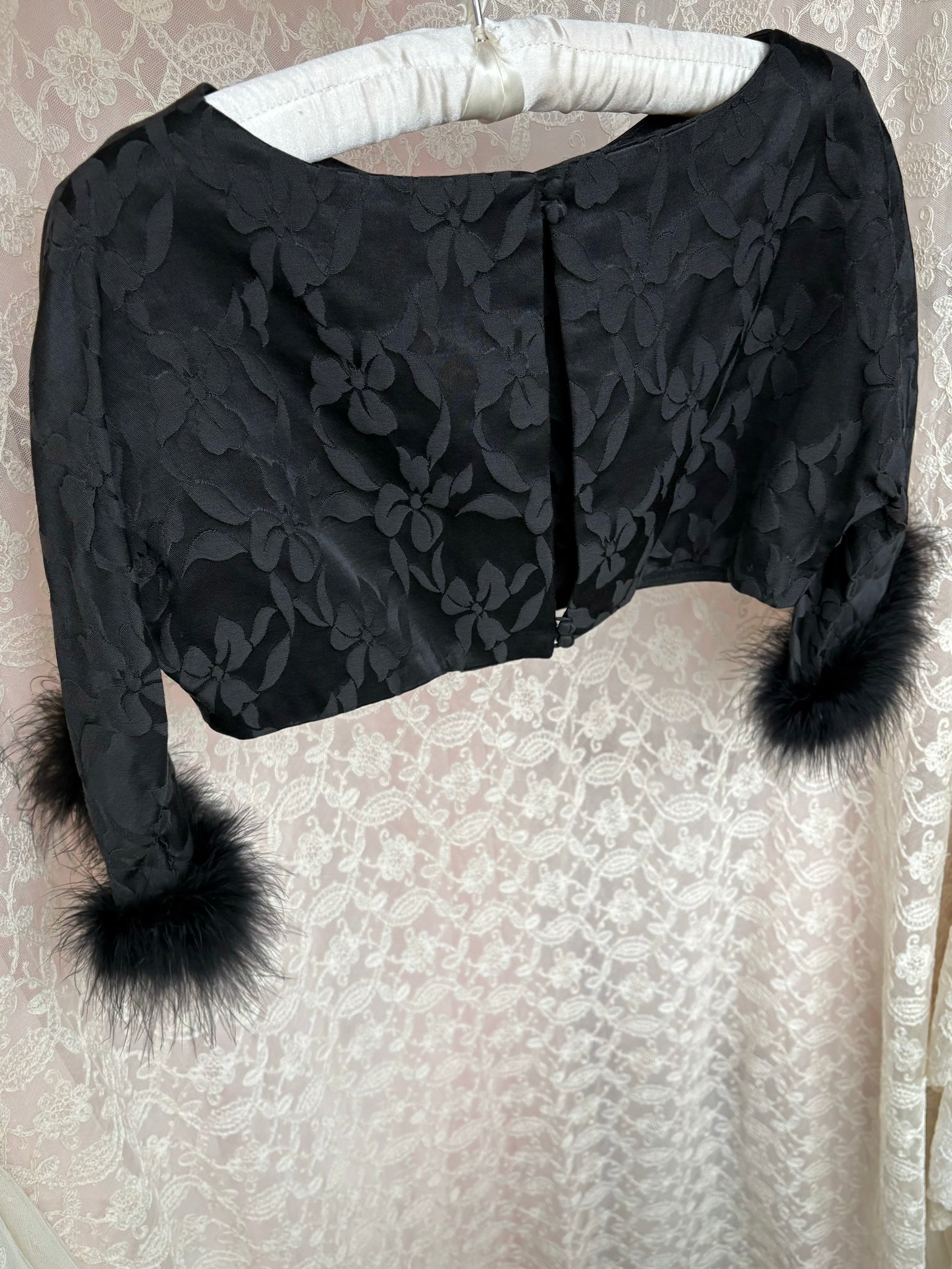 1960s Black Marabou Feather Trim Floral Brocade Crop Blouse