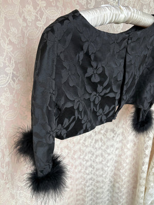 1960s Black Marabou Feather Trim Floral Brocade Crop Blouse