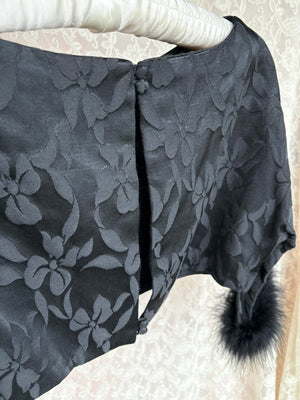 1960s Black Marabou Feather Trim Floral Brocade Crop Blouse