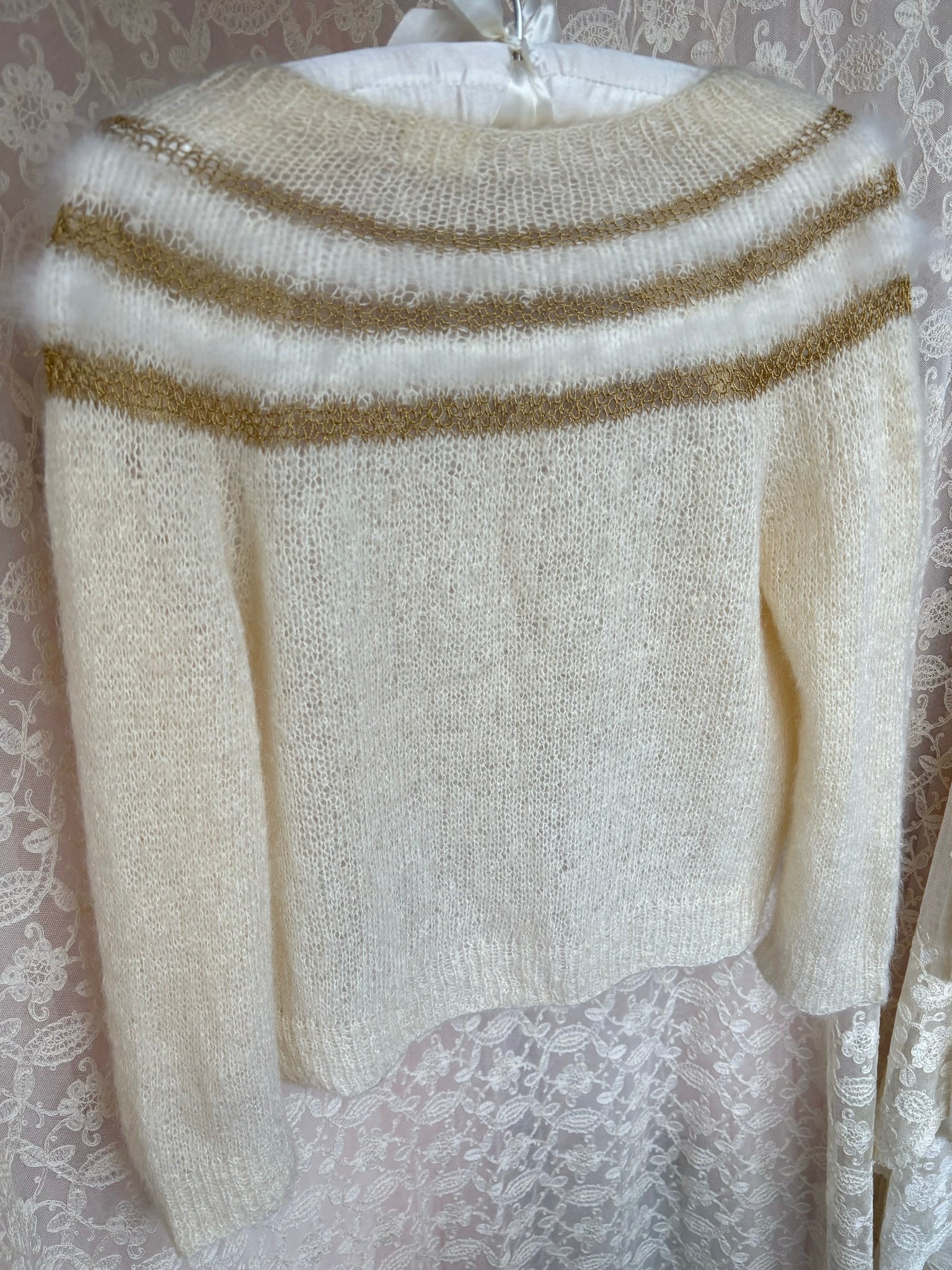 1960s White Fuzzy Angora Gold Lurex Stripe Cream Wool Cardigan Sweater