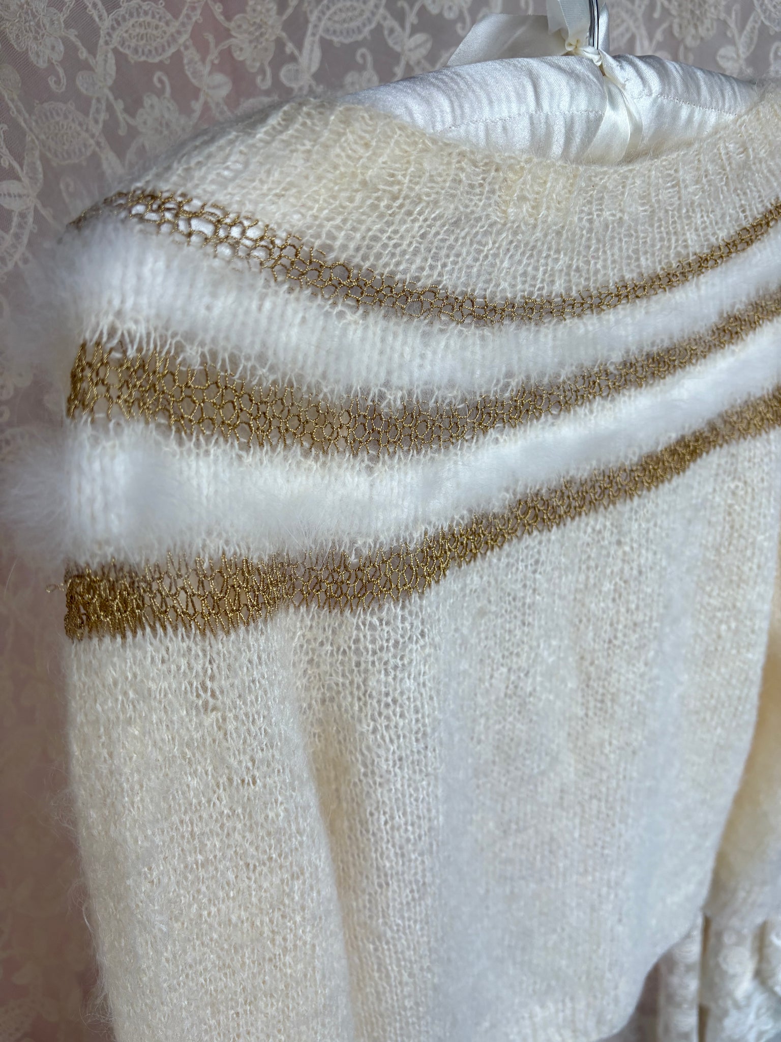 1960s White Fuzzy Angora Gold Lurex Stripe Cream Wool Cardigan Sweater