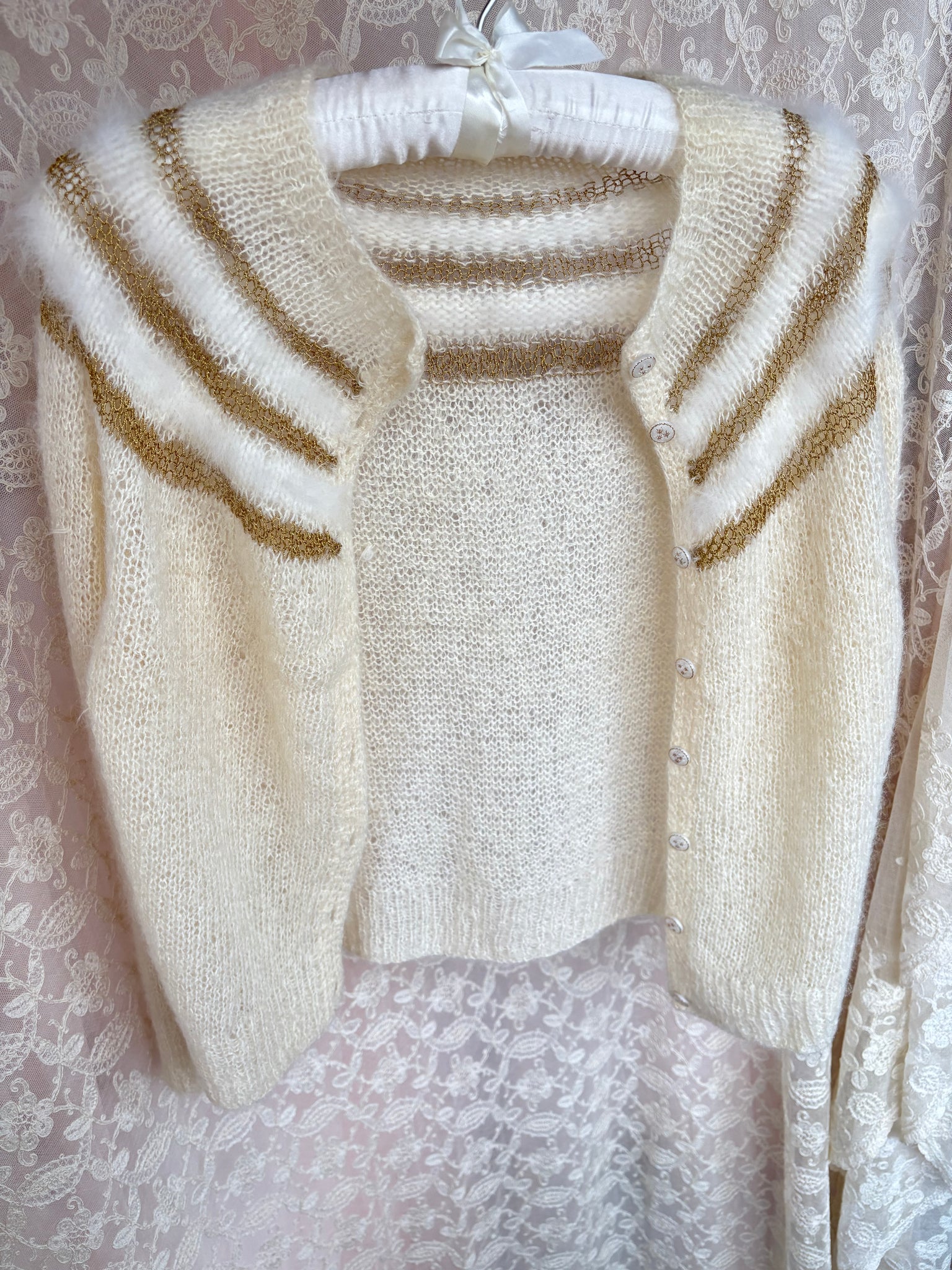 1960s White Fuzzy Angora Gold Lurex Stripe Cream Wool Cardigan Sweater