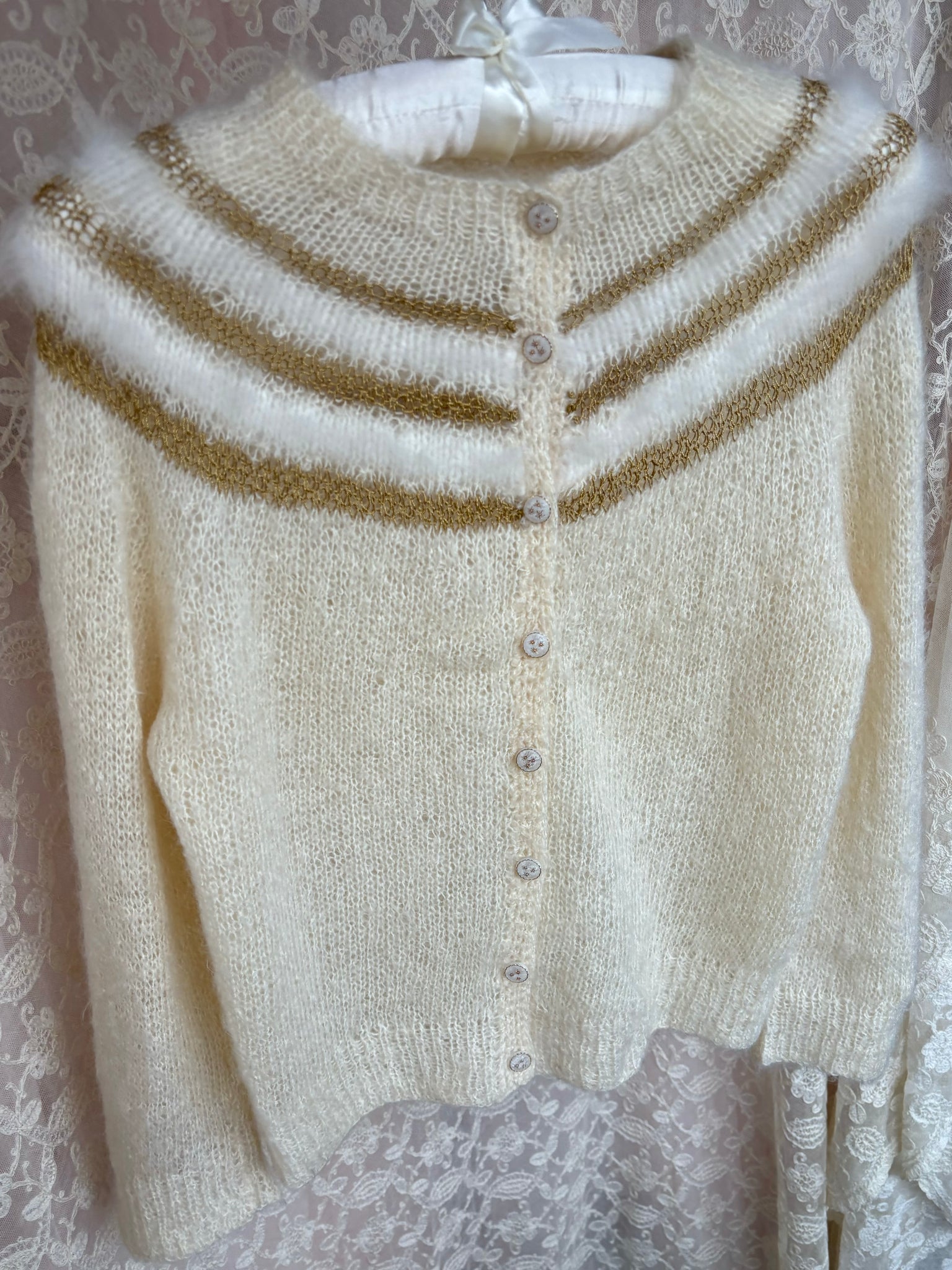 1960s White Fuzzy Angora Gold Lurex Stripe Cream Wool Cardigan Sweater