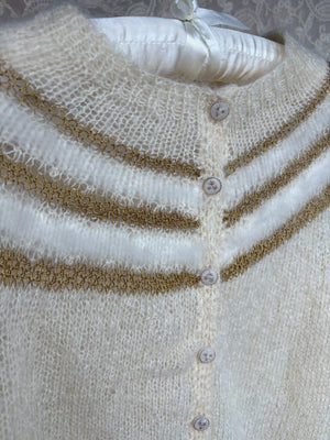 1960s White Fuzzy Angora Gold Lurex Stripe Cream Wool Cardigan Sweater