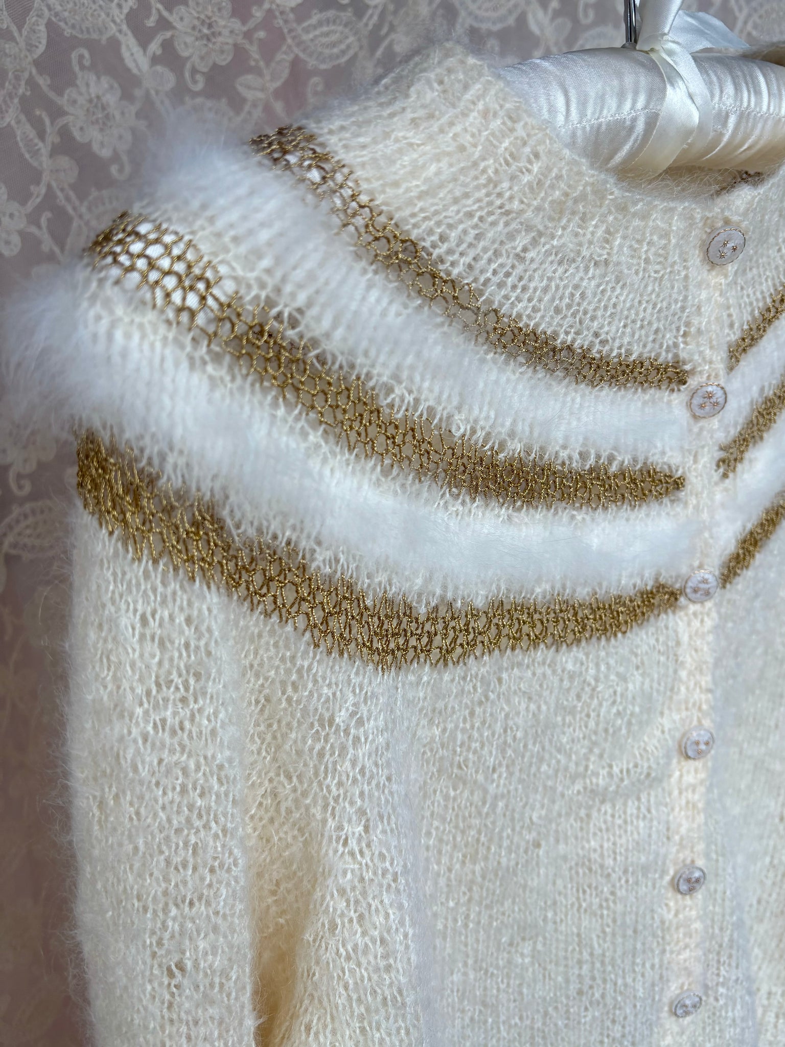 1960s White Fuzzy Angora Gold Lurex Stripe Cream Wool Cardigan Sweater