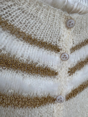 1960s White Fuzzy Angora Gold Lurex Stripe Cream Wool Cardigan Sweater