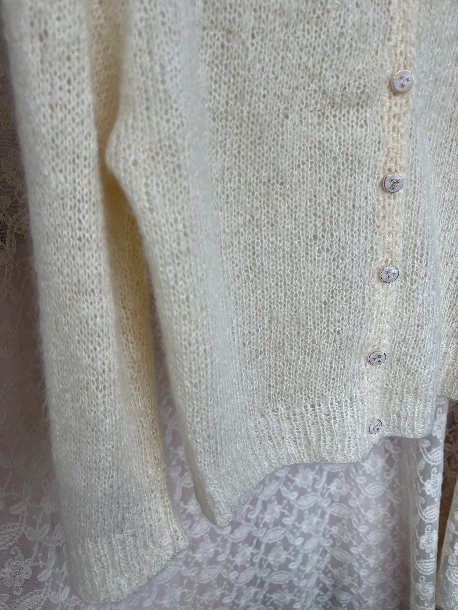 1960s White Fuzzy Angora Gold Lurex Stripe Cream Wool Cardigan Sweater