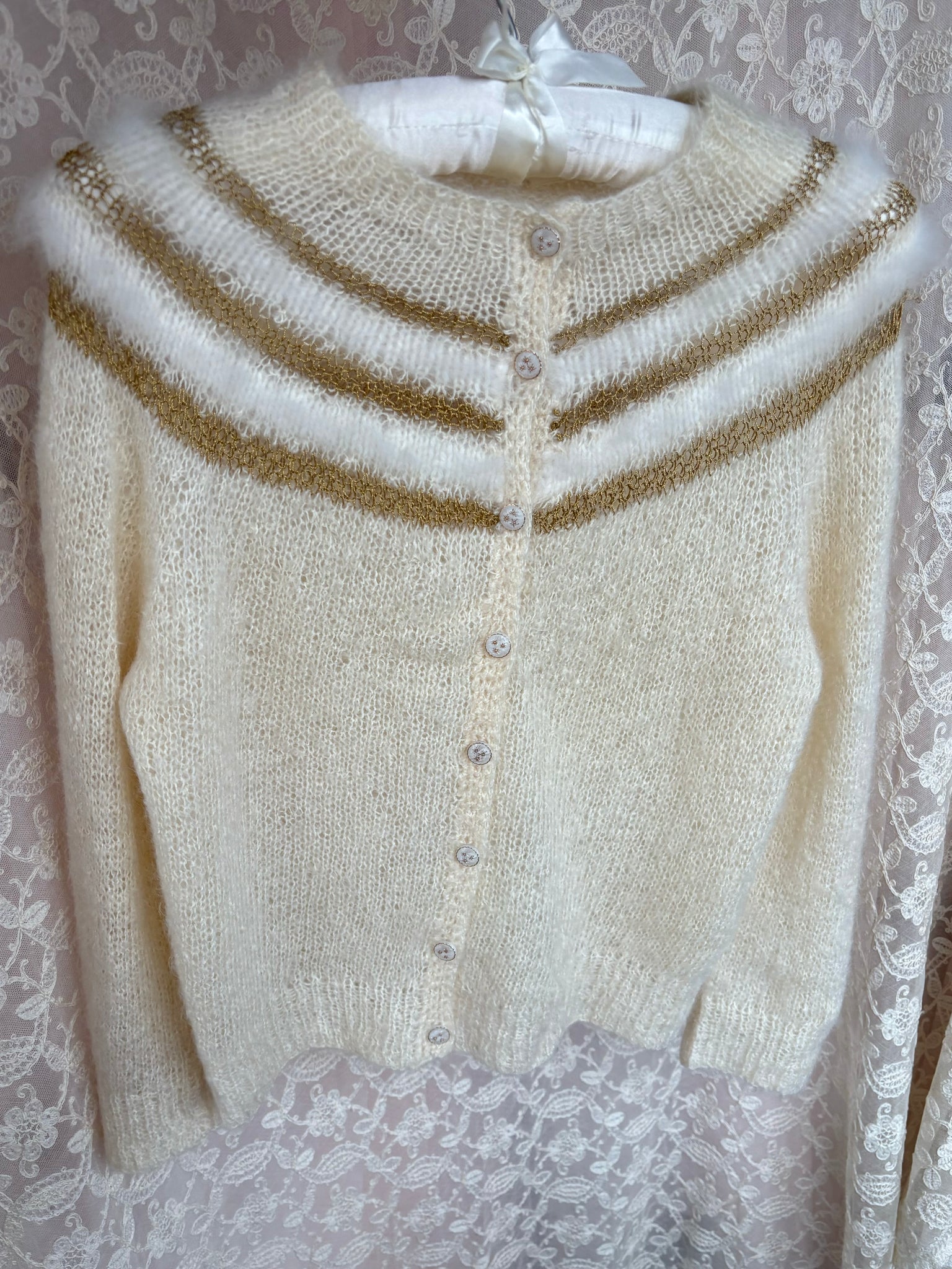 1960s White Fuzzy Angora Gold Lurex Stripe Cream Wool Cardigan Sweater