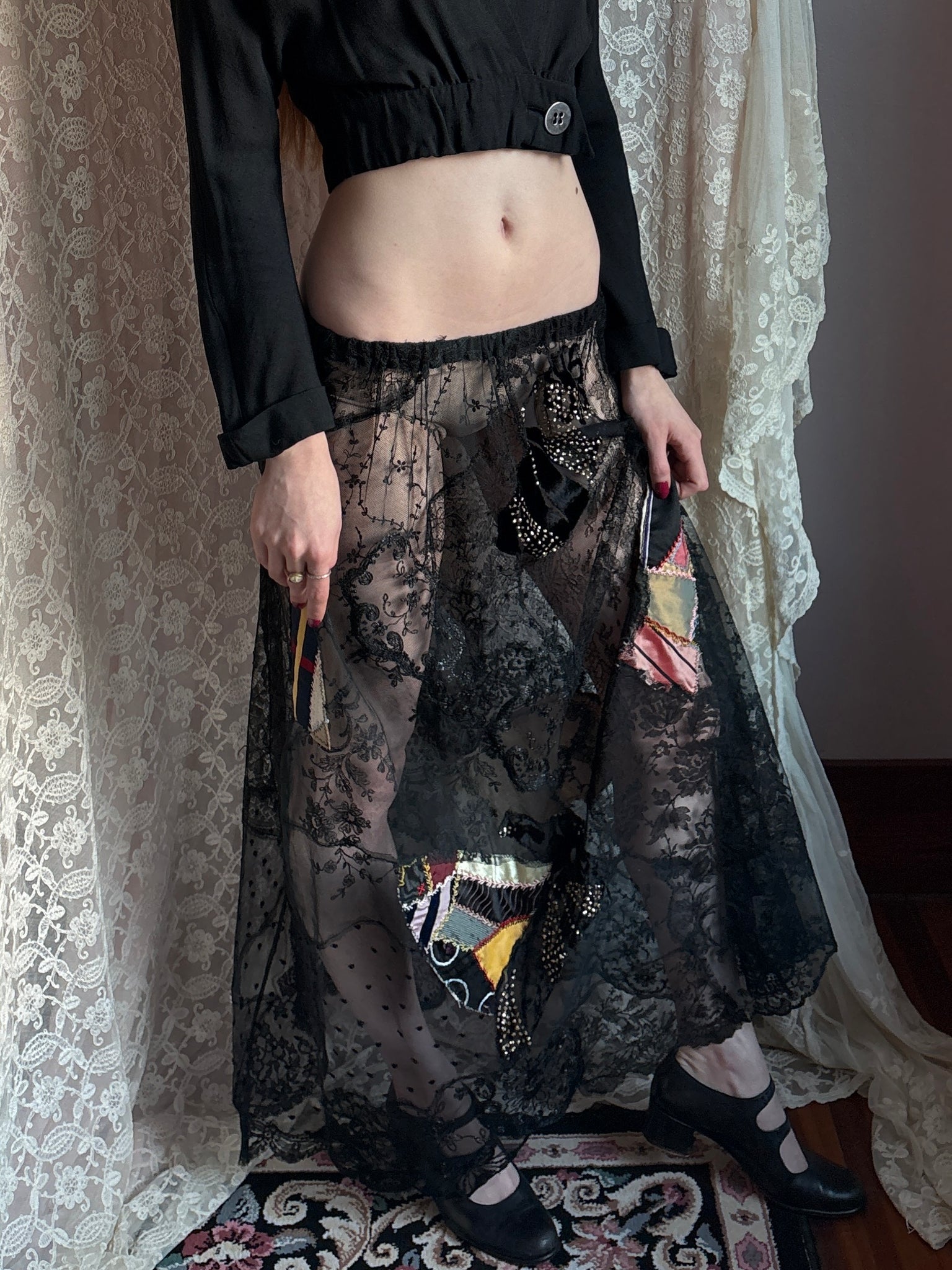 1980s Black Lace Patchwork Crazy Quilt Skirt