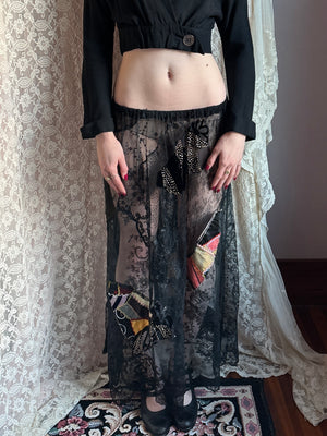 1980s Black Lace Patchwork Crazy Quilt Skirt