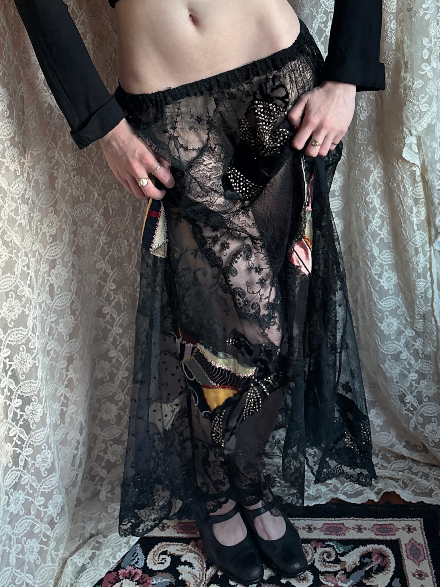 1980s Black Lace Patchwork Crazy Quilt Skirt