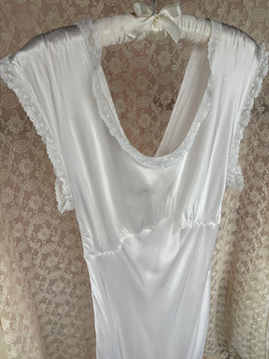 1940s White Bias Cut Slip Rayon Satin Lace Trim Dress