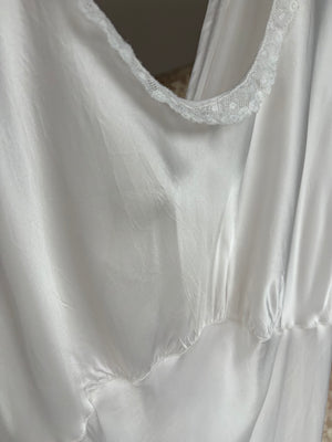 1940s White Bias Cut Slip Rayon Satin Lace Trim Dress