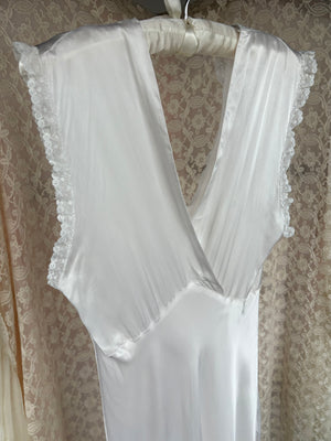 1940s White Bias Cut Slip Rayon Satin Lace Trim Dress