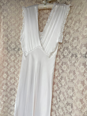 1940s White Bias Cut Slip Rayon Satin Lace Trim Dress