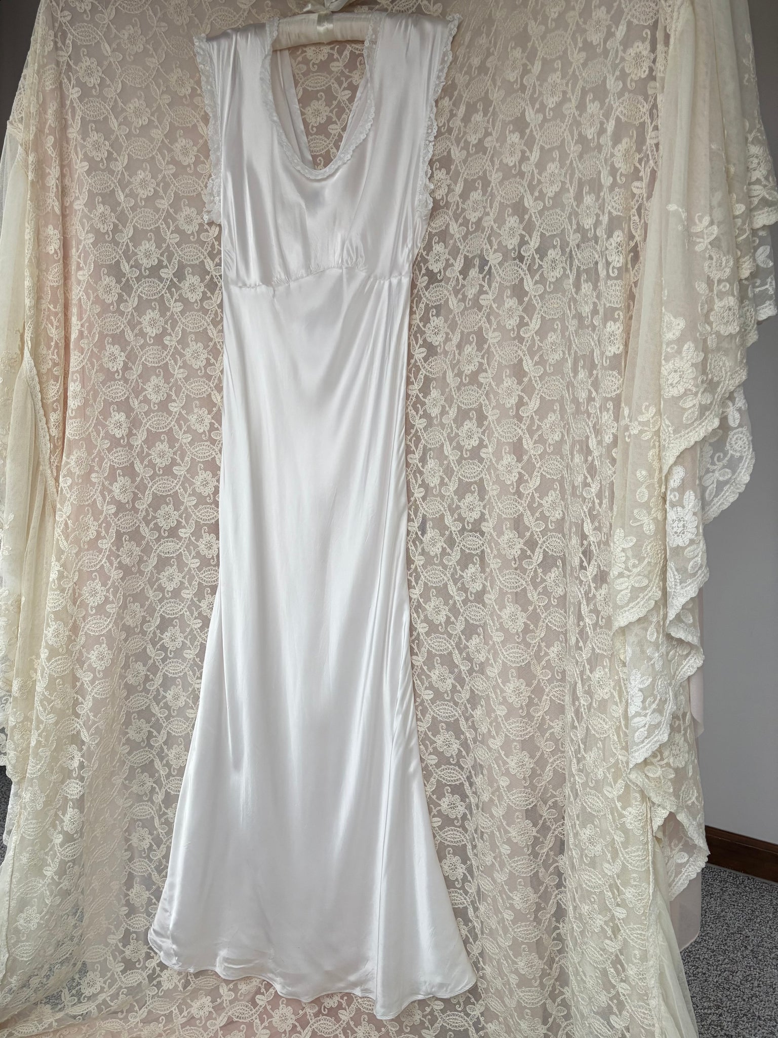 1940s White Bias Cut Slip Rayon Satin Lace Trim Dress