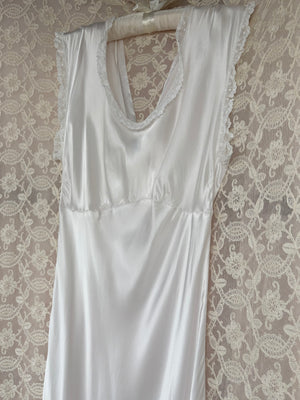 1940s White Bias Cut Slip Rayon Satin Lace Trim Dress