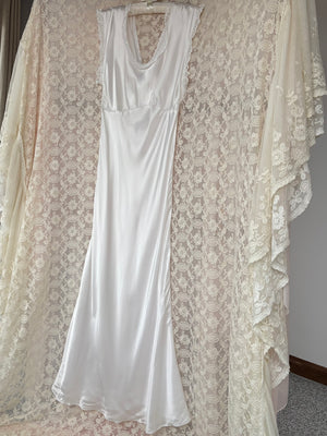 1940s White Bias Cut Slip Rayon Satin Lace Trim Dress